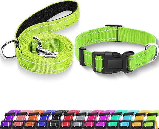 Reflective Dog Collar with Safety Locking Buckle, Adjustable Soft Breathable Nylon Collars for Small, Medium and Large Dogs(Collar+Leash S Width 5/8" Green)