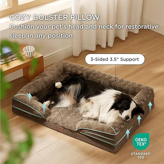 Bedsure Orthopedic Dog Beds Large Sized Dog - Washable Large Dogs Bed Waterproof, Big Comfort Pet Couch with Washable Removable Cover, Supportive Foam Pets Sofa with Nonskid Bottom, Plush-Brown