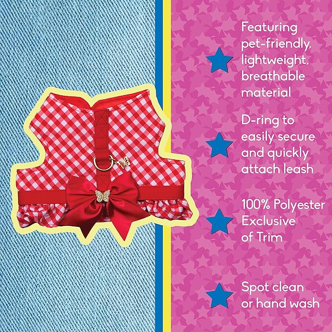 Dolly Doggy Parton Dog Harnesses and Leash/Collar Set Collection, Red Gingham Harness with Bow, Small