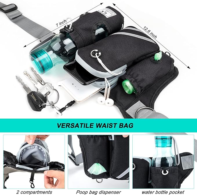 SHINE HAI Retractable Hands Free Dog Leash with Dual Bungees for 2 Dogs, Adjustable Waist Belt Fanny Pack, Reflective Stitching Leash for Running Walking Hiking Jogging Biking Black