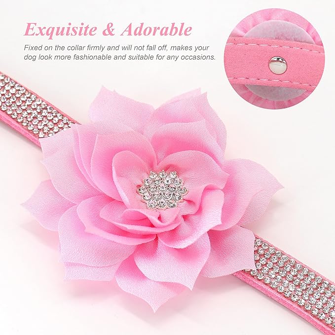 PET ARTIST Rhinestone Dog Collar and Leash Set, Sparkling Girl Dog Collars with Bling Diamonds, Soft Leather Pink Pet Collar with Cute Flower for Small Puppy Dogs Walking Party Wedding,S