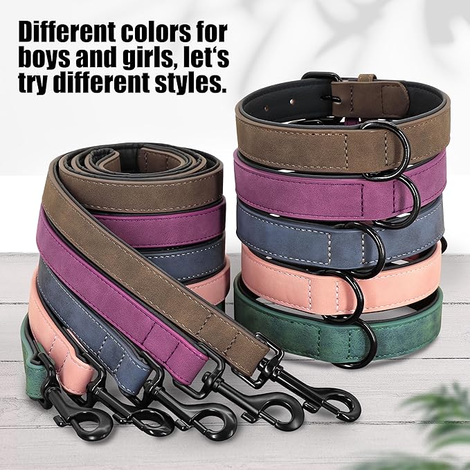 Didog Soft Padded Leather Dog Collar and Leash Set, Heavy Duty Dog Leash and Collar Set with Metal Buckle, Breathable Dog Collars with 4FT Faux Leather Dog Leash for Small Medium Large Dogs, Blue, XL