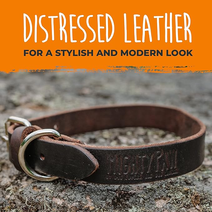Mighty Paw Leather Dog Collar - Genuine Distressed Leather - Strong Metal Buckle - Ultimate Comfort - Modern Style for All Dogs Breeds - Comfort Puppy Collar - (Medium - Brown)
