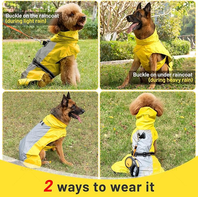 Dog Raincoat with Harness Built in,Outdoor Waterproof Puppy Rain Jacket for Medium Dogs,Adjustable Waist by Strap Doggie Rain Coats,Yellow L