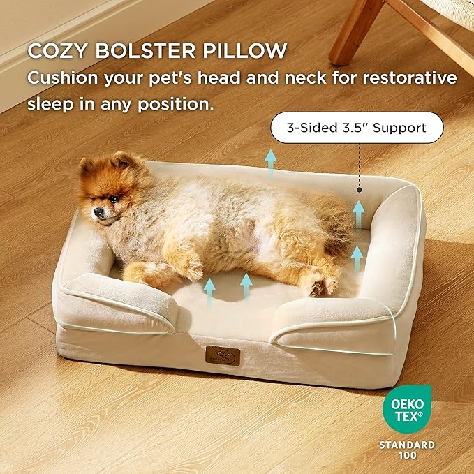Bedsure Small Orthopedic Dog Bed - Washable Bolster Dog Sofa Beds for Small Dogs, Supportive Foam Pet Couch Bed with Removable Washable Cover, Waterproof Lining and Nonskid Bottom Couch, Light Khaki