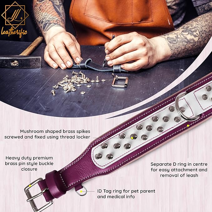 Genuine Leather Dog Collar by Leatherific, Premium Bridle Leather, Heavy Duty, Padded, Strong, Screwed Spikes, Medium, Large, Extra Large Breeds, 2" Wide (Magenta, Neck Size 22"-26")