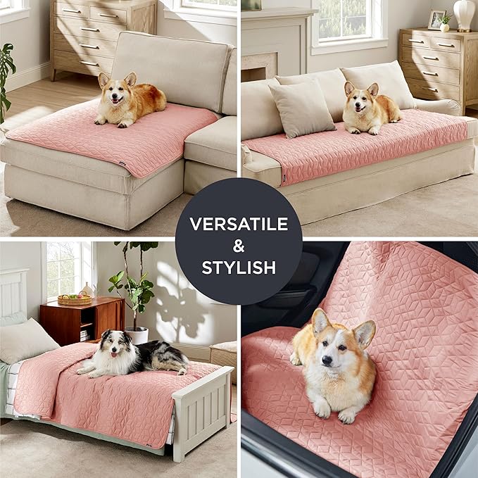 Bedsure 100% Waterproof Bed Cover for Dogs Washable - Non Slip Waterproof Dog Blanket for Bed, Lightweight Furniture Protector Durable for Pet Cat Puppy with Non-Slip Bottom, Pink, 68x82IN