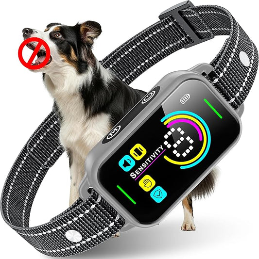 DINJOO Bark Collar, Dog Bark Collar for Large Medium Small Dogs,Smart Bark Collar,Rechargeable Anti Barking Training Collar with 8 Adjustable Sensitivity,Bark Collar with Beep (Grey)