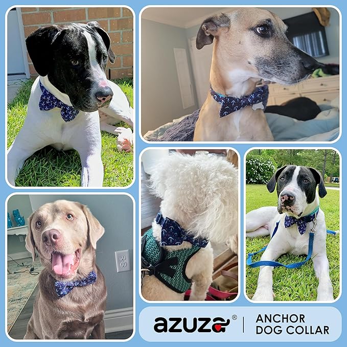 azuza Anchor Dog Collar with Bow Tie, Soft and Comfortable Adjustable Bowtie for Small Dogs