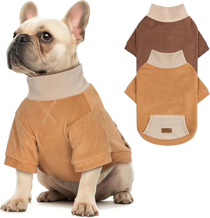 cyeollo 2 Pack Fleece Dog Sweater, Soft Turtleneck Sweater for Medium Dogs Male Female, Warm Dog Sweatshirt, Stretchy Comfortable Pullover Dog Winter Clothes, Khaki & Orange XL