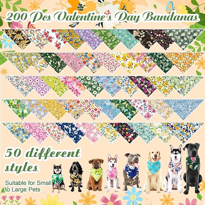 200 Pcs Dog Bandana Bulk Spring Summer Hawaii Pet Party Bandana Scarf Adjustable Puppy Kerchief Triangle Bibs Holiday Grooming Supplies for Small Medium Dogs Cat Costume Accessory Outfit(Flower)