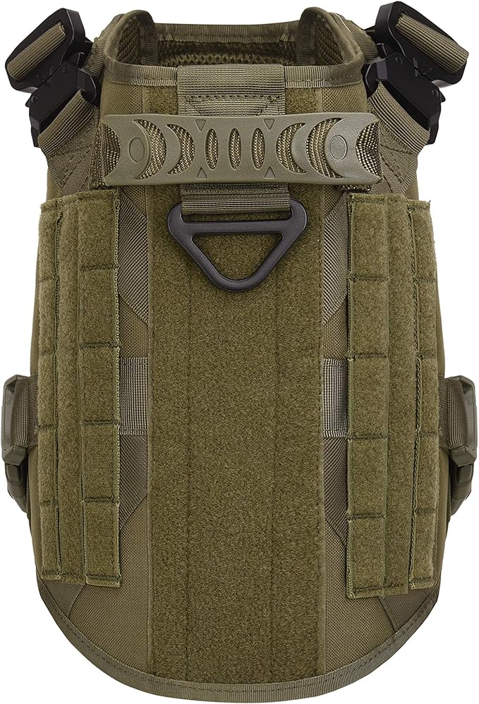 Tactical Dog Harness Vest with Handle Military Working Training Molle Vest with Metal Buckles & Loop Panels Free Bungee Dog Leash (M, Green Harness with Leash)
