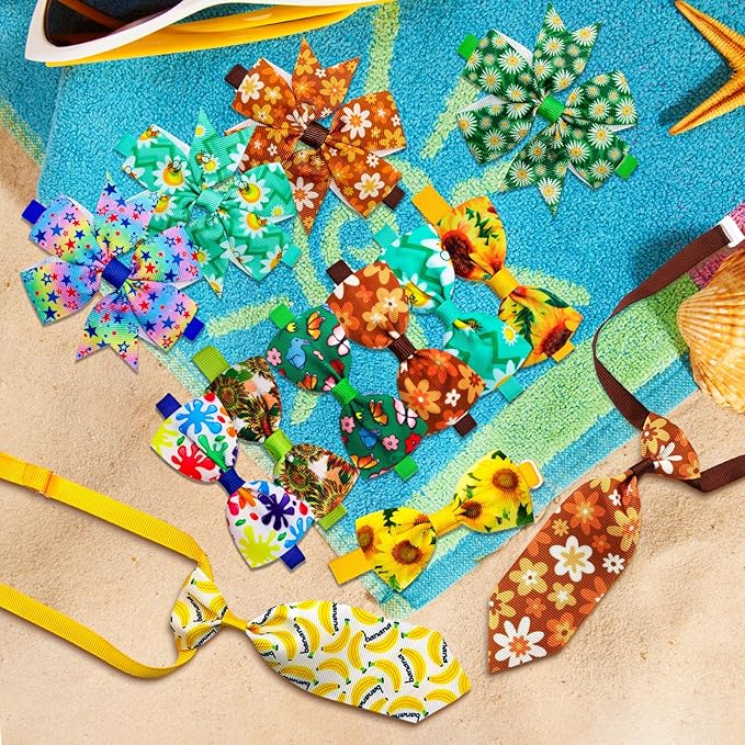 Floral Pet Bow Tie and Necktie Set Bulk 100pcs-Adjustable Dog Cat Costume Accessories for Weddings,Parties.Photo Shoots(Vibrant Flower Patterns)