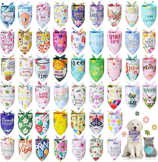Chunful 50 Pcs Spring Dog Bandanas Bulk Flora Dog Bandanas Pet Triangle Scarf Bib Pet Costume Adjustable Cat Outfit Washable Bids Kerchief for Small Medium Puppy(Fresh Style)