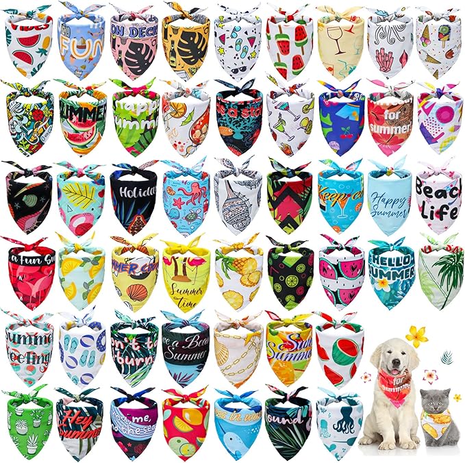 Chunful 50 Pcs Dog Bandanas Bulk Summer Flora Dog Bandanas Pet Triangle Scarf Bib Seasonal Pet Costume Adjustable Cat Outfit Washable Bids Kerchief for Small Medium Puppy
