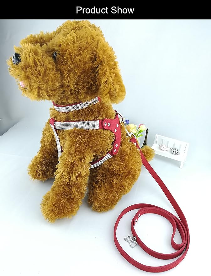 Dog Collar & Harness & Lead Sets Fashion Dog Collar Diamante with Harness & Leashes Comfortable Soft Collar Harness and Leashes Set for Dog - Red - M