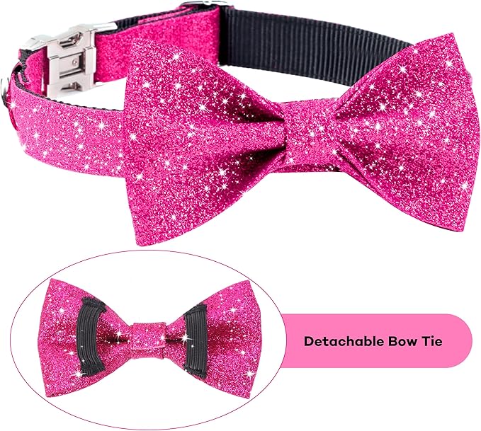 Girl Dog Collar with Bow, Bling Female Bowtie Dog Collar for Small Medium Dogs Daily Walking or Holiday Party (Hot Pink, Neck fit 13-19’’)