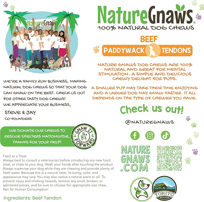 Nature Gnaws Beef Paddywack Tendons for Dogs 5-6" (10 Count) - Long Lasting for Aggressive Chewers - Natural Beef Dog Chew Bones - Rawhide Free (Pack of 2)