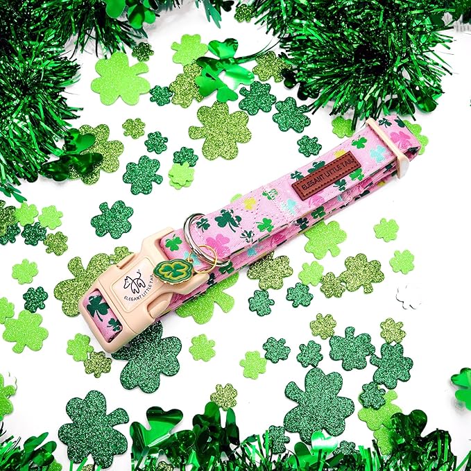 Elegant little tail St Patrick's Dog Collar-Lucky Colver Cotton Shamrock Pet Collar Trefoil Holiday Adjustable Cotton Pet Collar with Quick Release Buckle for Small Medium Large Dogs