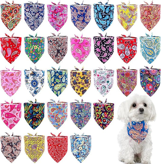 30 Pack Dog Bandanas for Small Dogs Cats Breed 18 Inch Paisley Polyester Print One Side Dog Bandana Bulk Reversible Triangle Bandana Party Grooming S