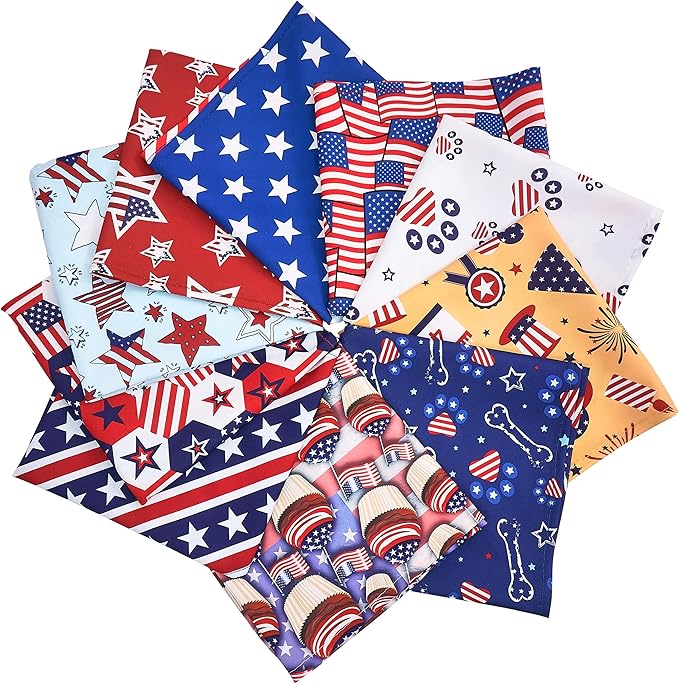 10PCS 4th of July Dog Bandanas Large American Flag Stars and Stripes Patriotic Balloons Pattern for Extral Large XL XXL Breed Scarves Independence Day Party Grooming Accessories