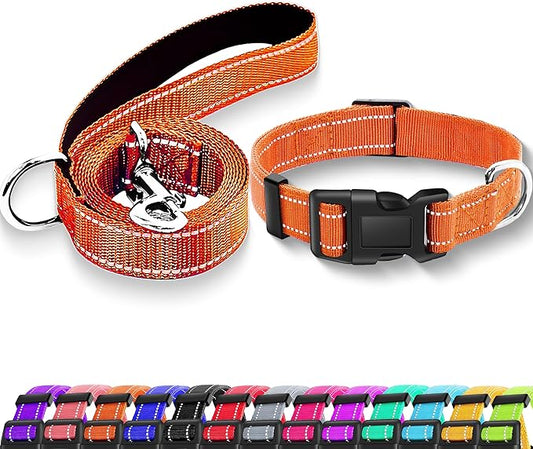 Reflective Dog Collar with Safety Locking Buckle, Adjustable Soft Breathable Nylon Collars for Small, Medium and Large Dogs(Collar+Leash M Orange)