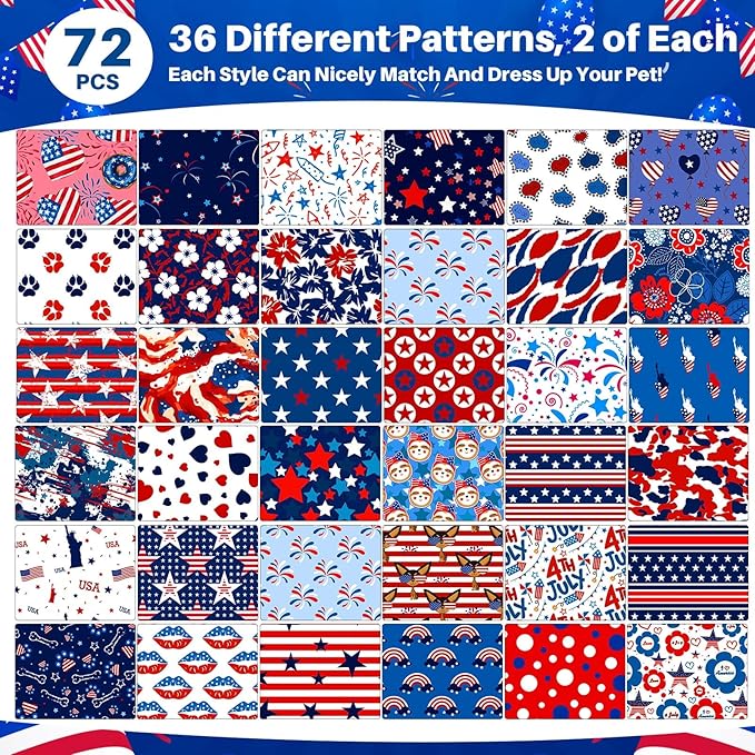 72 Pcs Dog Bandanas Bulk for Summer Adjustable Washable Pet Triangle Scarf Soft Kerchief Bib for Summer Holiday Pet Costume Accessories(Independence Day)
