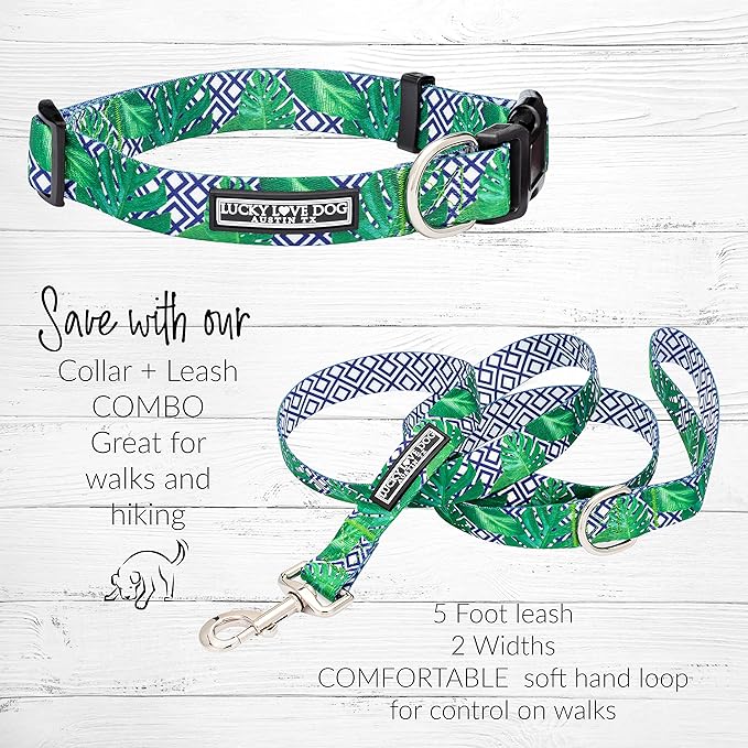 Lucky Love Dog Collar and Leash Set, Beautiful & Vivid Patterns, Easy On & Off Clasp Accessory (Blue Laguna, M Combo)