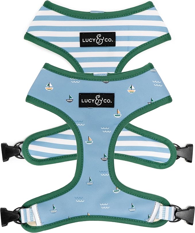 Lucy & Co. Set Sail Reversible Harness, Walking Halter - Best Designer Pet Harnesses for Medium Dogs - Padded Adjustable Vest for Easy Walking, Medium, Blue & White Stripes & Sailboats