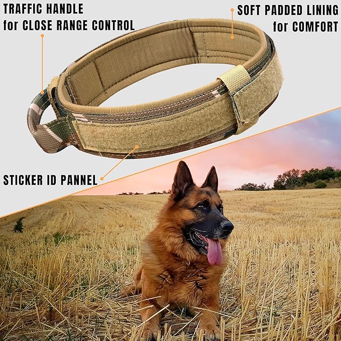 ADITYNA Tactical Dog Collar for Medium Dogs - Soft Padded, Heavy Duty, Service, Adjustable, Military, K9 Camo Medium Collar with Handle for Training and Walking