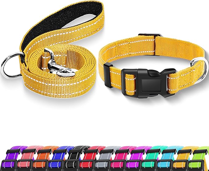 Reflective Dog Collar with Safety Locking Buckle, Adjustable Soft Breathable Nylon Collars for Small, Medium and Large Dogs(Collar+Leash M Yellow)