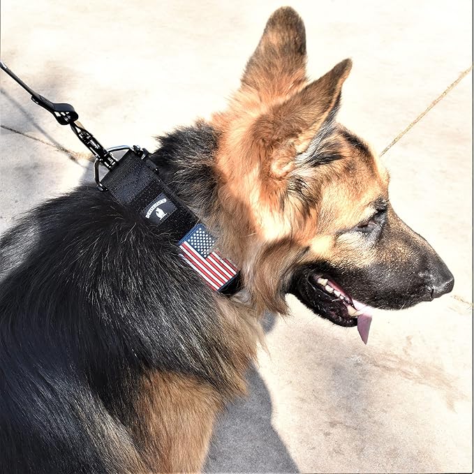 Tactical Dog Collar 2 Inch Wide Thick Heavy Duty Military Style with Metal Buckle, Adjustable for Medium - Large Breeds, Durable K9 Training Gear with Patch Area, USA Flag Patch, Strong and Secure Fit