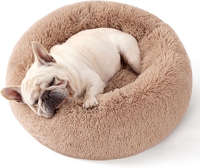 Bedsure Calming Medium Large Size Dogs - Donut Washable Large Pet Bed, 33 inches Anti-Slip Round Fluffy Plush Faux Fur Dog Bed, Camel