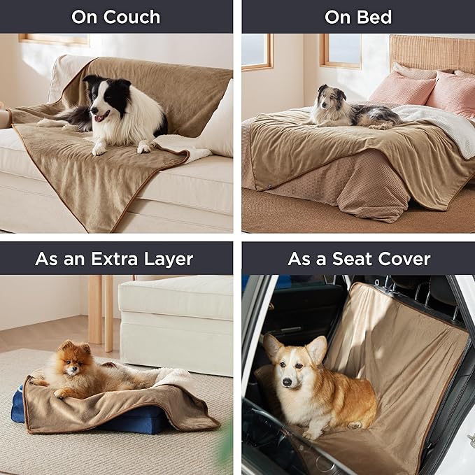 Bedsure Waterproof Dog Blankets for Extra Large Dogs - XL Cat Blanket Washable for Couch Protection, Sherpa Fleece Puppy Blanket, Soft Plush Reversible Throw Furniture Protector, 50"x60", Camel