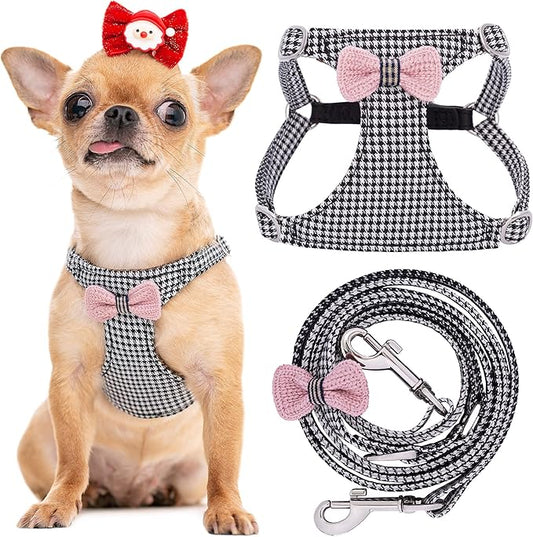 No Pull xs Dog Harness with Multifunction Dog Leash,Soft Adjustable No Choke Escape Proof Pet Harness Vest,Knitted Black-White,XXS