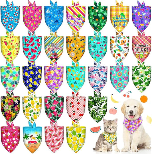 30Pcs Summer Dog Bandanas Bulk Hawaiian Dog Scarves Hawaii Fruit Triangle Puppy Bandanas Washable Adjustable Pet Bandana for Small Medium Large Dog Puppy Pet Grooming Accessories