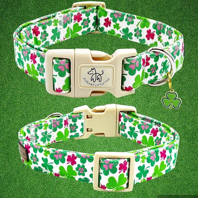 Elegant little tail St Patrick's Dog Collar-Green Cute Colver Cotton Shamrock Pet Collar Trefoil Holiday Adjustable Cotton Pet Collar with Quick Release Buckle for Small Medium Large Dogs