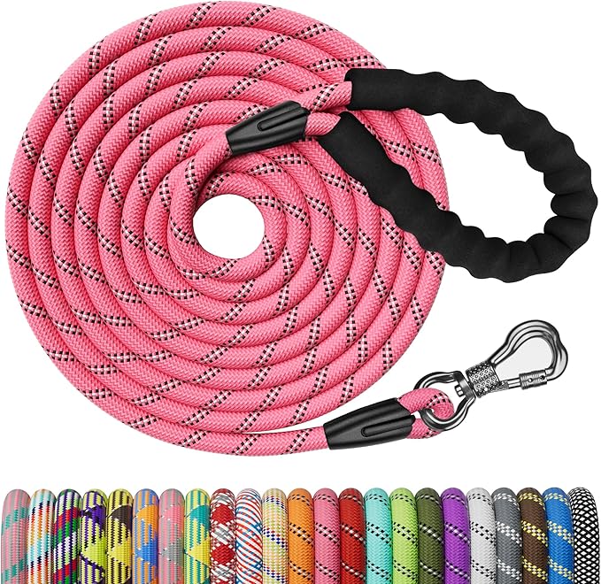 NTR Heavy Duty Dog Leash, 30FT Training Leash with Swivel Lockable Hook and Comfortable Padded Handle, Dog Lead for Walking, Hunting, Camping, Backyard for Small Medium and Large Dogs, Pink