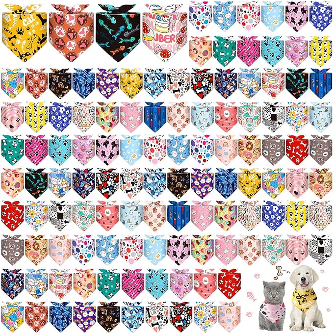 Amylove 120 Pcs Dog Bandanas Bulk Holiday Triangle Dog Pack Puppy Kerchief Bandana Adjustable Pet Scarf for Pet Cat Costume Accessories Decor Summer(Cartoon)