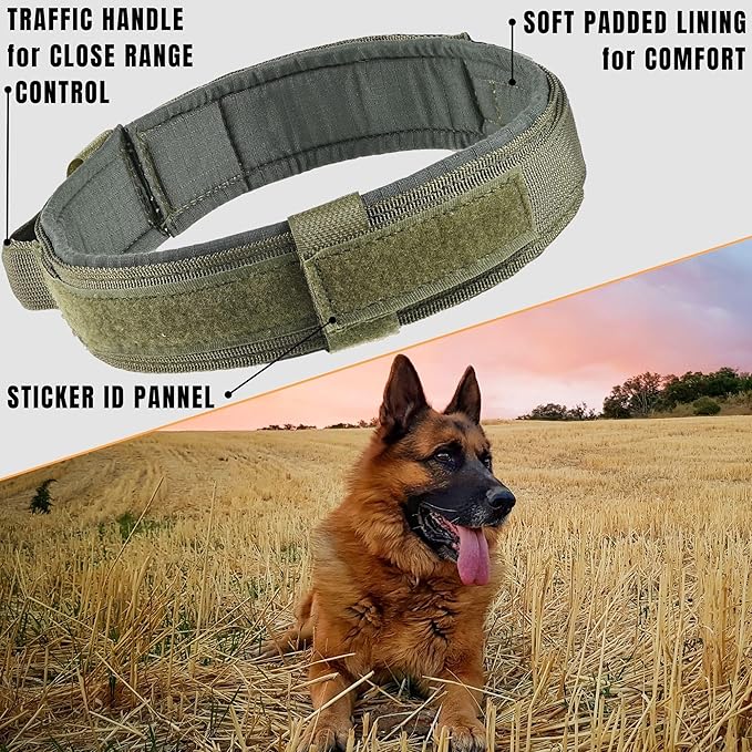 ADITYNA Tactical Dog Collar for Extra-Large Dogs - Soft Padded, Heavy Duty, Adjustable, Military, Big Green Collar with Handle for Training and Walking
