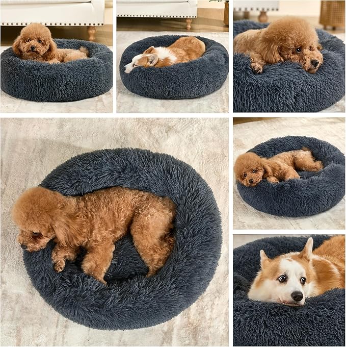 Calming Donut Dog Beds for Small Medium Large Dogs - Round Washable Dog Bed, Anti-Slip Faux Fur Fluffy Donut Cuddler Anxiety