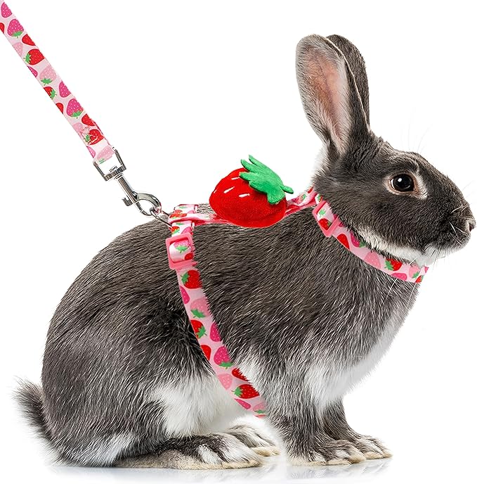 Rabbit Harness and Leash - Adjustable Bunny Harness Escape Proof for Walking Running Hiking Camping Outdoor - Pink Strawberry Pattern Cute Small Animal Harness Leash Set