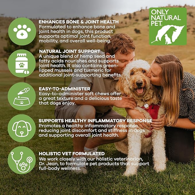 Only Natural Pet Hemp Hip & Joint Support for Dogs - Supplement for Mobility Wellness Pain Relief Healthy Inflammatory & Bone Stiffness - Chews w/Fatty Acid Blend Mussels & Turmeric - 120 Count