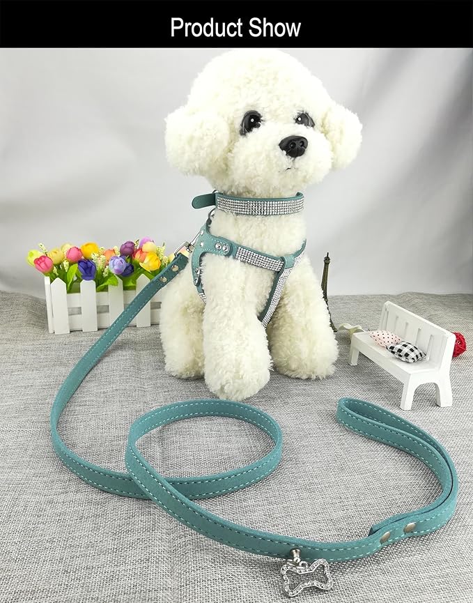 Dog Collar & Harness & Lead Sets Fashion Dog Collar Diamante with Harness & Leashes Comfortable Soft Collar Harness and Leashes Set for Dog - Blue - M
