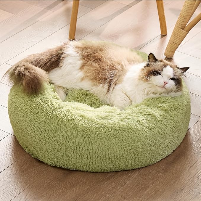 Bedsure Calming Cat Bed for Indoor Cats - Small Washable Round Cat Bed, Anti-Slip Fluffy Plush Faux Fur Pet Bed, Fits up to 15 lbs Pets, Green, 20 inches