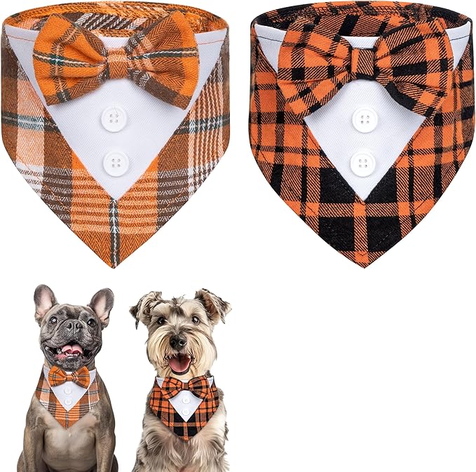 Cyeollo 2 Pack Fall Tuxedo Bandana With Bowtie, Plaid Tux Collar Costumes Thanksgiving Day Outfit for Small Medium Dogs, Orange M