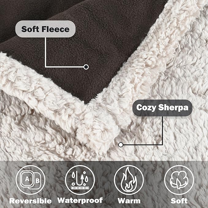 Kritter Planet Large Waterproof Bed Blanket for People & Pet, Reversible Sherpa Fleece Protector Couch Cover for Pets, Liquid Proof Furniture Protector for Medium Large Dogs