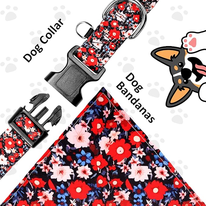 Dog Collars and Bandanas - Soft Adjustable Fancy Floral Boys Girls Puppy Collar for Small Medium Large Dogs.