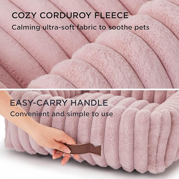 Bedsure Cute Dog Bed for Small Dogs & Cats - Washable Furry Puppy Beds, Rectangle Orthopedic Corduroy Fleece Pet Beds with Removable Zipper Cover, 20x19x6inches, Blush Pink