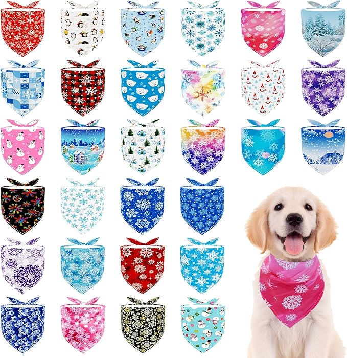 30 Pcs Winter Dog Bandanas Bulk Adjustable 25 Inch Dog Bandanas for Small Medium Large Dogs Breed Scarves Grooming M